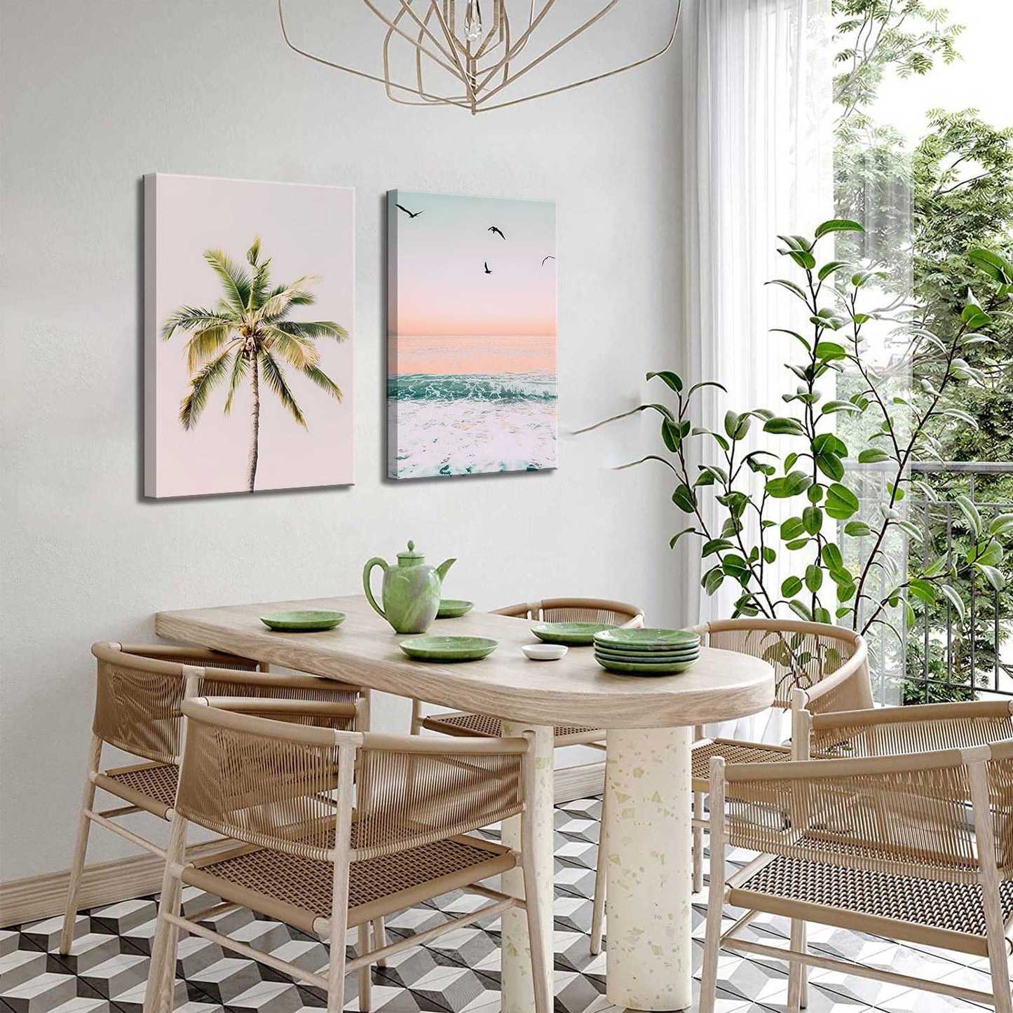 2Pcs Framed Pastel Beach Wall Art Tropical Palm Tree Canvas Posters Prints Coastal Ocean Wall Decor Pictures Summer Beach Theme Bedroom Living Room Decoration, 12x16 Inch