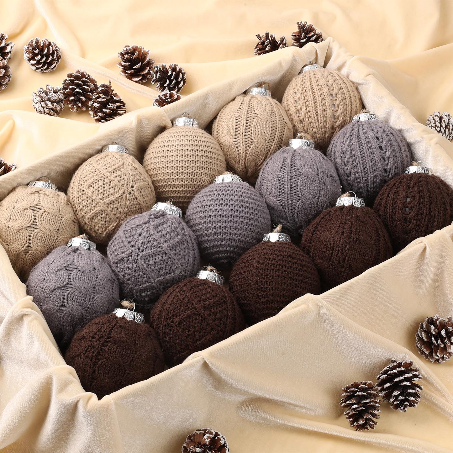 15-Pack Neutral Christmas Ornaments Crochet Christmas Balls - Handmade Style Yarn Ornaments,3.15 inch Knitted Cotton Baubles for Rustic Farmhouse Holiday Xmas Gift Decor (Grey Scheme)