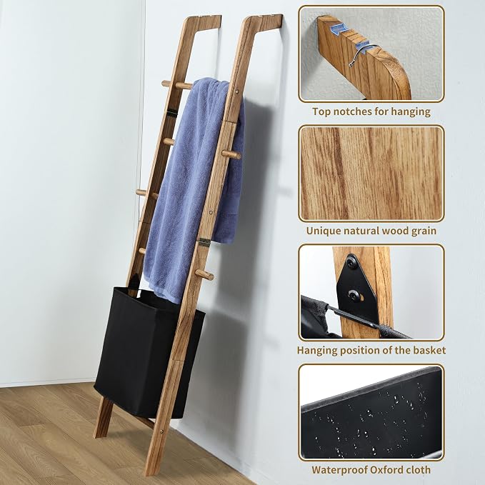 Taozun 67-Inch Towel Ladder with Basket for Bathroom Storage, Rustic Wooden Blanket Ladder with Hooks for Farmhouse Display, Wall Leaning Towel Ladder with Laundry Basket Organizer