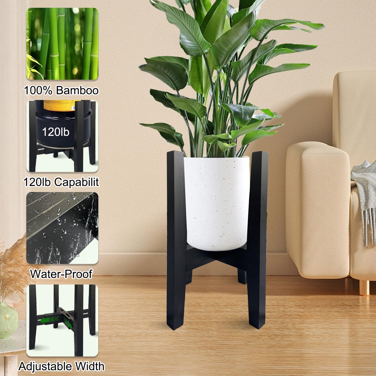 Sholramo Adjustable Plant Stand Indoor Bamboo Mid Century Modern Plants Stand Corner Plants Flower Holders Single Floor Plant Stands- 8.2-11.8 in (Pot & Plant Not Included) (Black, （8.2-11.8in）)