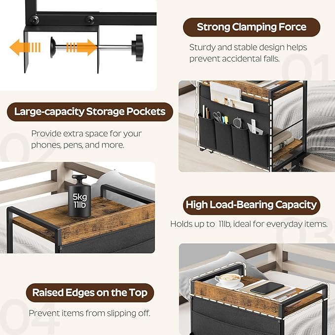 YATINEY Bedside Shelf, Bunk Bed Shelf with Storage, Clip-on Loft & Bunk Bed Tray Shelf, Nightstand for Sofa, College Dorm Room, Apartment, Rustic Brown and Black ET20BR