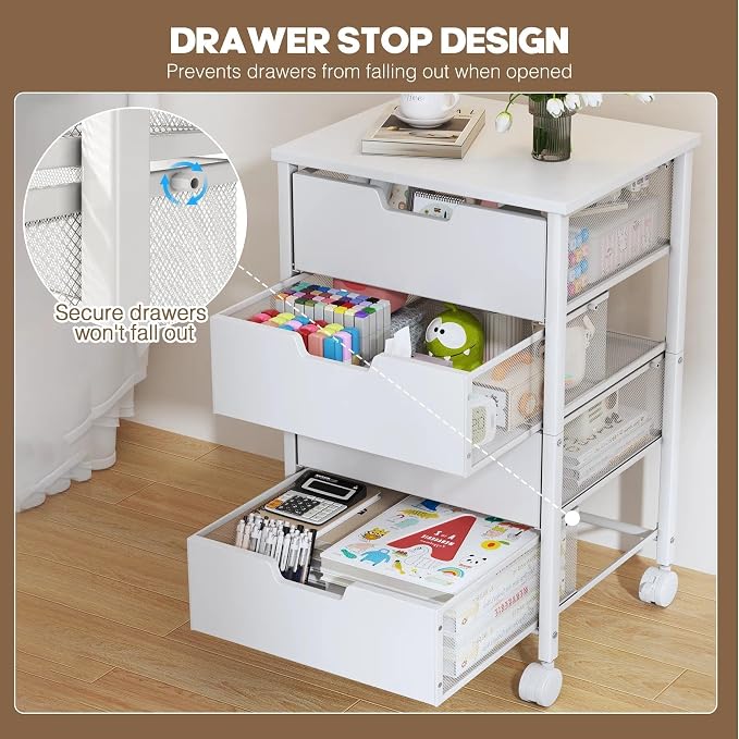 Rolling Cart with Drawers, Wooden Top and Front, with Wheels Metal Under Desk Storage Cart with 4 Drawers, for Office, Bedroom, Classroom, Home, White