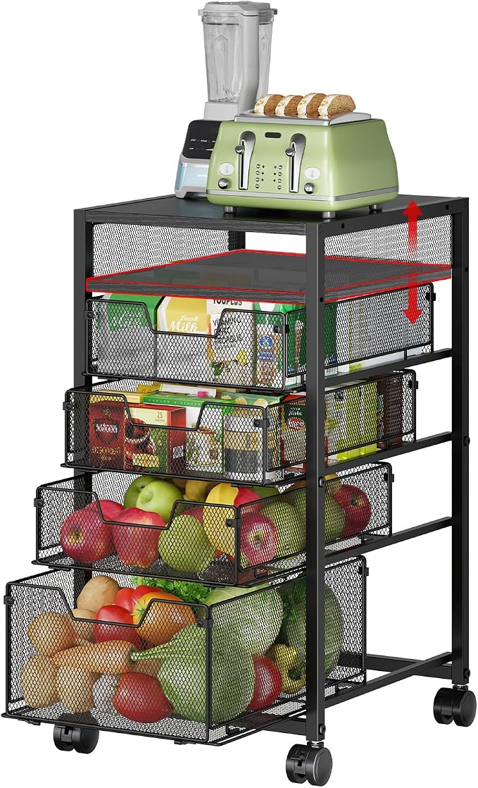 5-Tier Kitchen Utility Storage Cart with Adjustable Wood Top (Tabletop or Basket), Fruit Vegetable Storage Rack with Wheels & Drawers, Metal Rolling Pantry Cart, Kitchen Organizer for Snack Can Potato