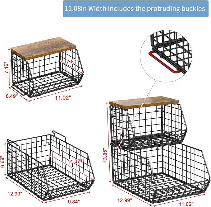 Stackable Fruit Basket for Kitchen Counter, 2 Tier Wire Baskets with Wooden Lid Top, Vegetable Storage Organizer Bins, Wall Mountable Pantry Baskets for Produce, Onion, Potato, Black