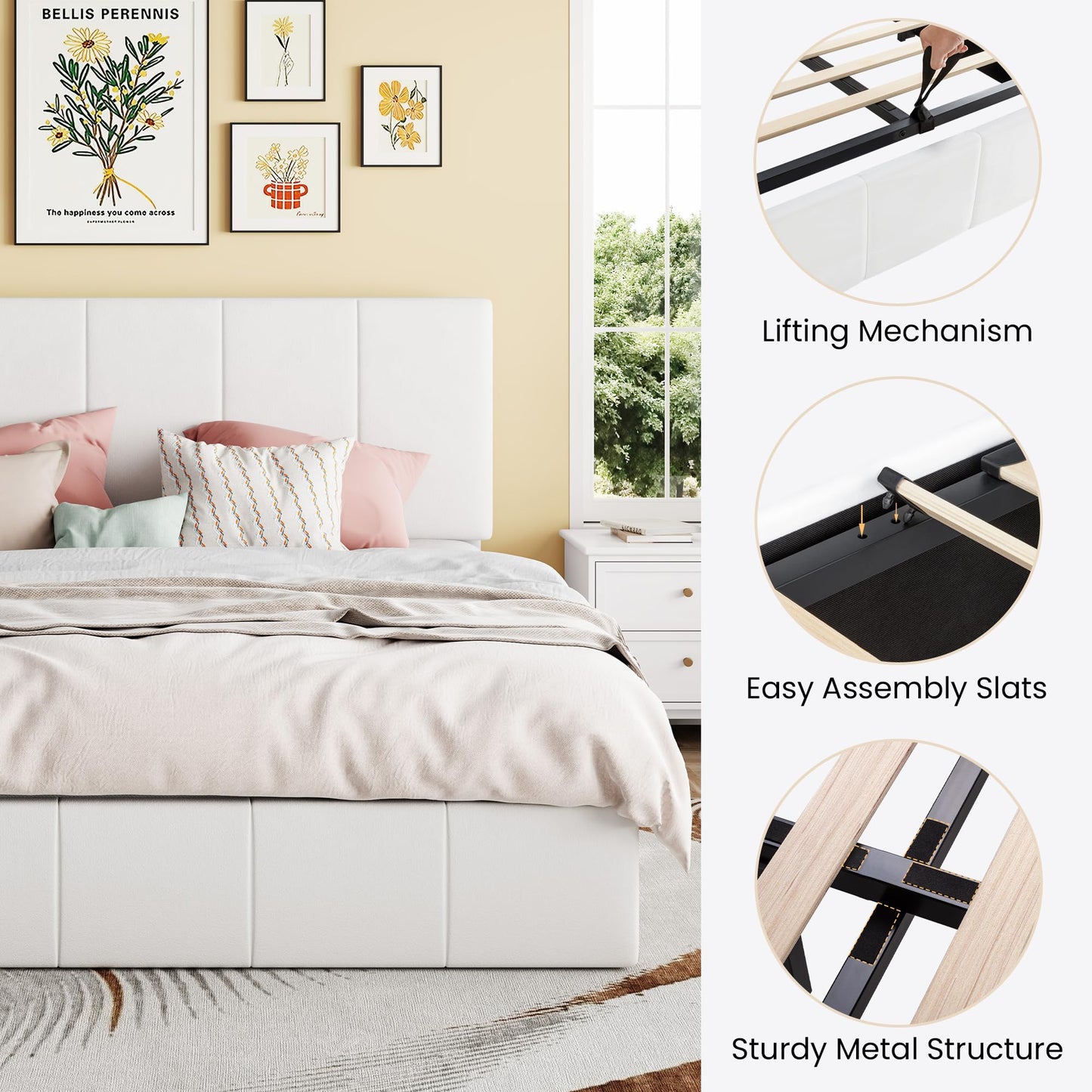 SHA CERLIN Queen Size Lift Up Storage Bed Frame, Adjustable Headboard, Hydraulic Support, Velvet Upholstered, Easy Installation, No Box Spring Needed, White