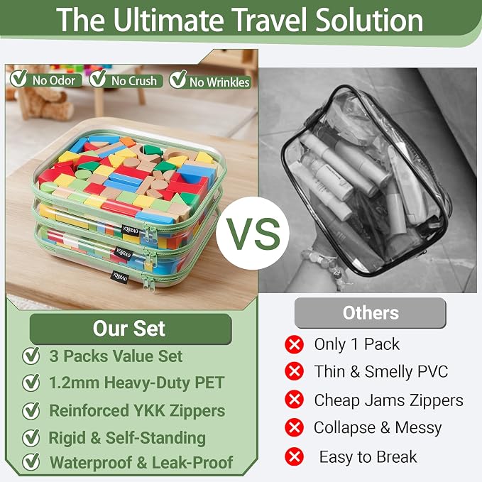 YQBRAO 3-Pack Large Clear Hard Shell Zipper Case, 1.2mm Ultra-Thick Rigid Toy & Closet Organizer, Heavy-Duty Diaper Bag Pouch Set with YKK Zippers, Waterproof Travel Storage (Green)