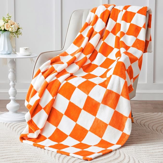 BEDELITE Checkered Twin Blanket for Couch Bed, Soft & Cozy Fleece Flannel Blanket with Checkerboard Grid Home Decor, Checkered Orange Tennessee Blanket, 60x80 Inches