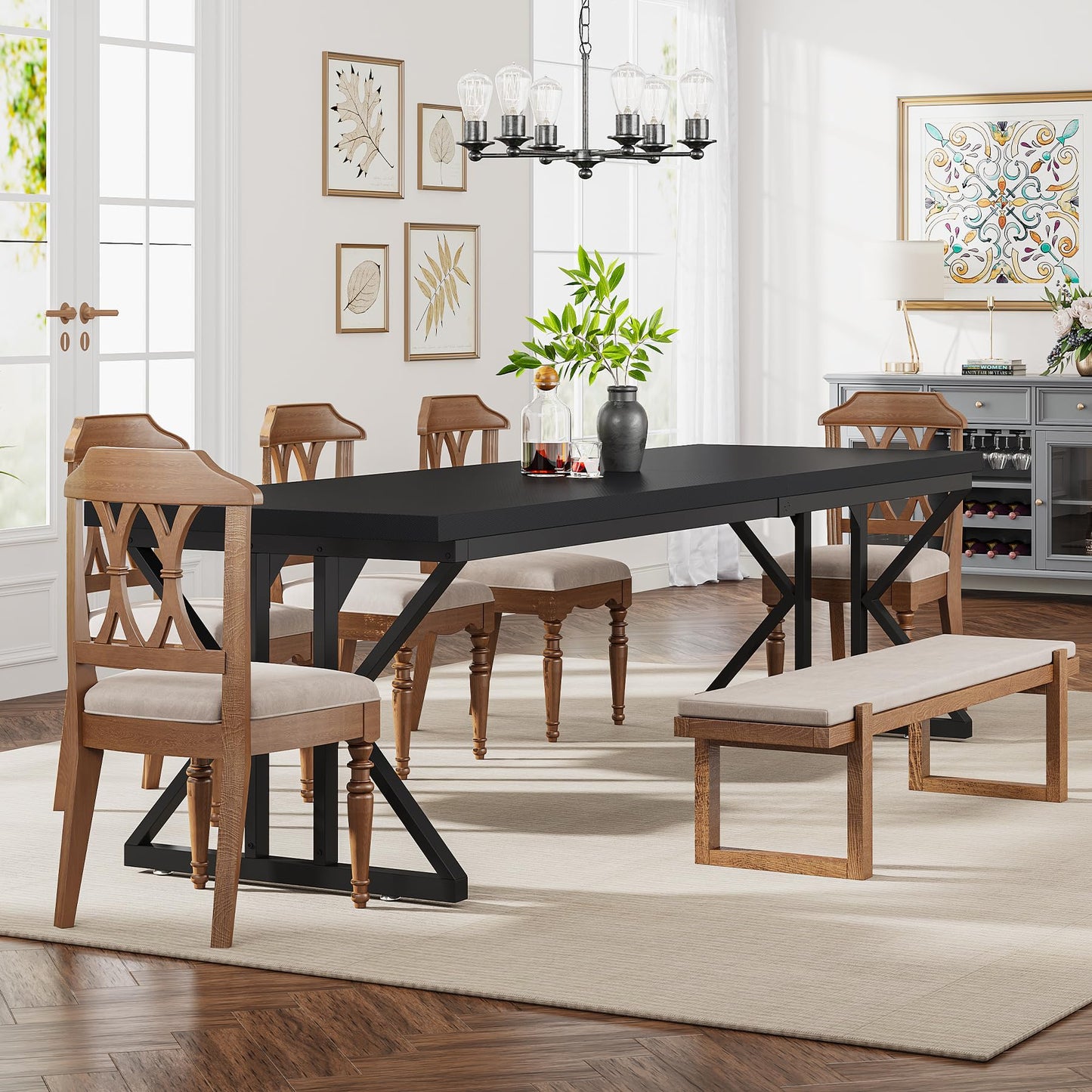 Tribesigns Farmhouse Dining Table for 6 People, 70.8-Inch Rectangular Wood Dining Table, Rustic Kitchen Table with Heavy Duty Metal Legs for Dining Room (Matte Black, 70.8-Inch)
