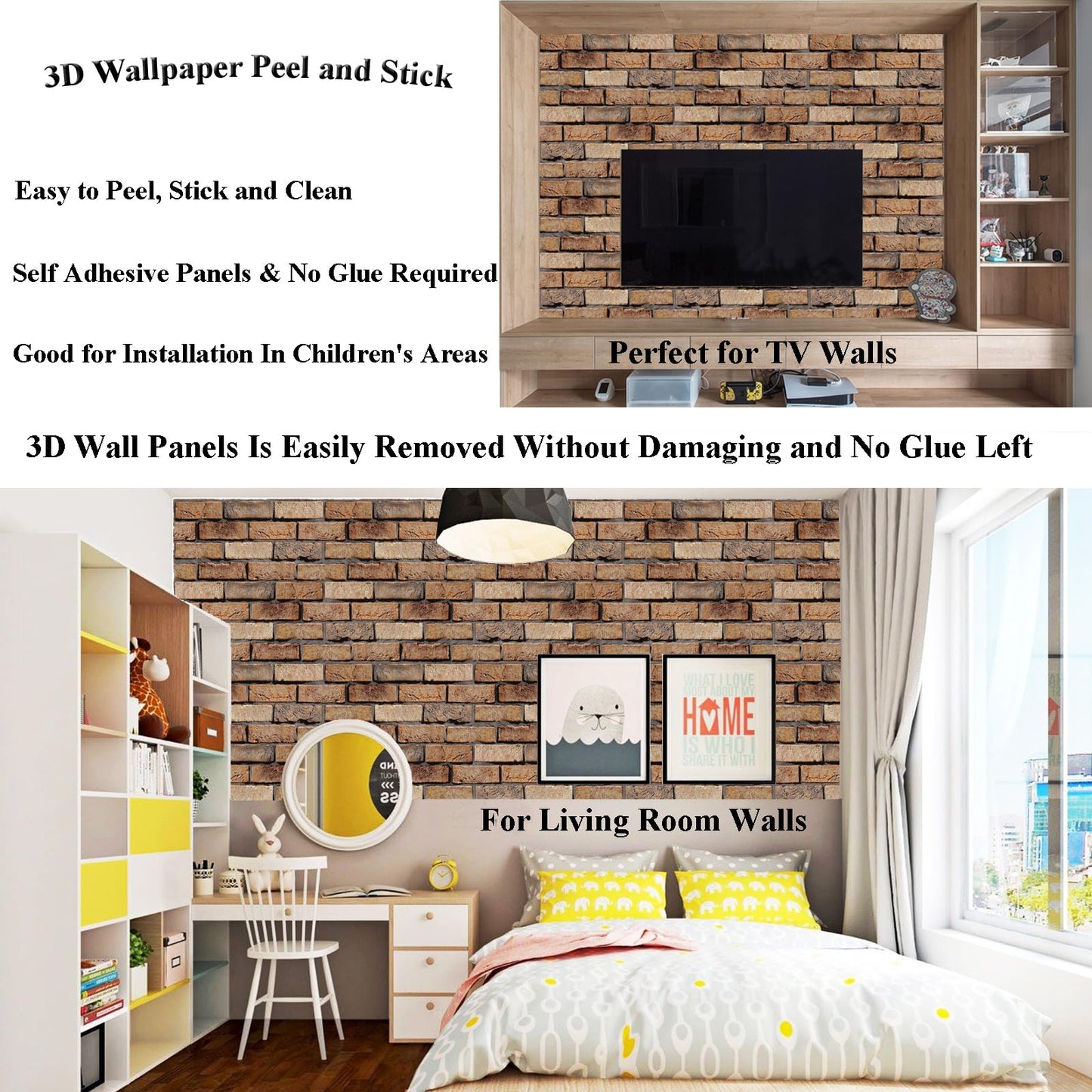 Veczom 3D Brick Wall Panels Peel and Stick,10 Pack Self-Adhesive PVC Wall Tiles, Waterproof Textured Decor for Living Room, Kitchen, Bedroom, Office Accent (4Lines Seamless Brown Stone)
