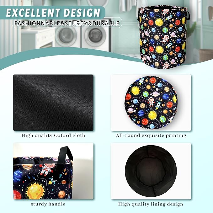 Funny Astronaut Laundry Basket Foldable With Handles Galaxy Tote Bag Oxford Cloth Colorful Planet Laundry Hamper Clothe Storage Bucket Toy Organizer 18.9"x16.5"For Bathroom/Laundry/Bedroom