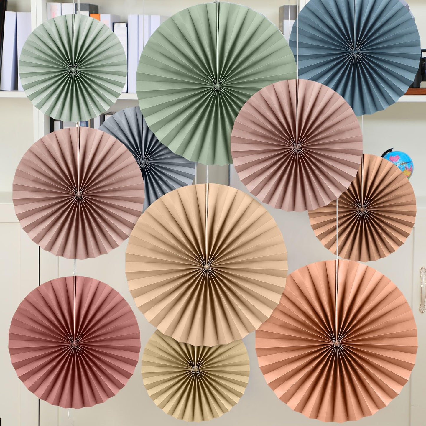 Weekgrat 18 Pcs Sage Green Brown Boho Hanging Paper Fans Decor Back to School Paper Fans Round Garlands Bulletin Board Classroom Decorations for Party Supplies Classroom Decor