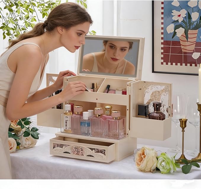 Large Makeup Organizer Countertop with LED Mirror, Vintage Cosmetic Storage Box with Drawers & Side Compartments, Dustproof Skincare Organizer for Vanity, Elegant Gift for Women(White)