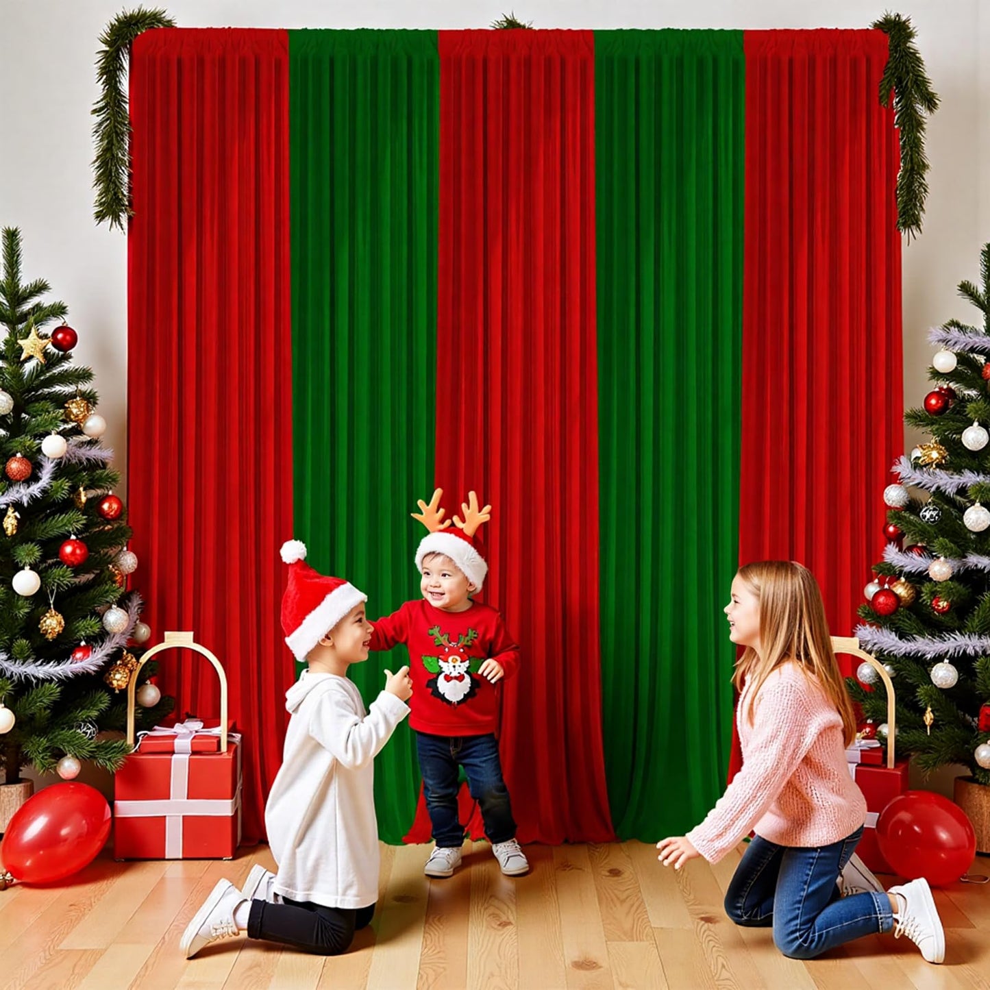 GEWONELIFE Christmas Backdrop Curtain - 10×7ft Red & Green Holiday Party Background Decor for Xmas Tree Photos, Home Festive Wall, Mall Santa Booth, Reusable Winter Celebration Decoration for Families