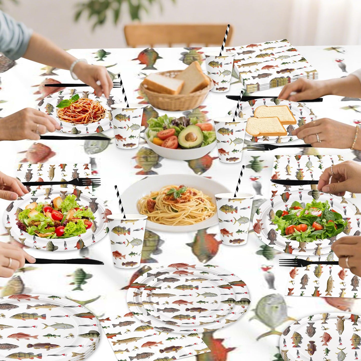 141Pcs Fishing Happy Birthday Party Decorations Fishman Birthday Plates and Napkins Forks Cups Cutlery Tablecloch Supplies Serve 20 Fishing Themed Party Tableware Set Decorations for Baby Shower Decor