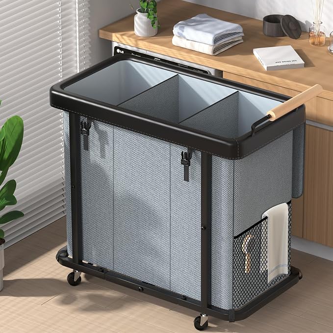 Rolling Laundry Hamper with Wheels, Laundry Hamper 3 Section with Lid, Laundry Basket with Rolling Lockable Wheels and Handle, Laundry Basket Organizer for Laundry Room, Bedroom 230L Gray