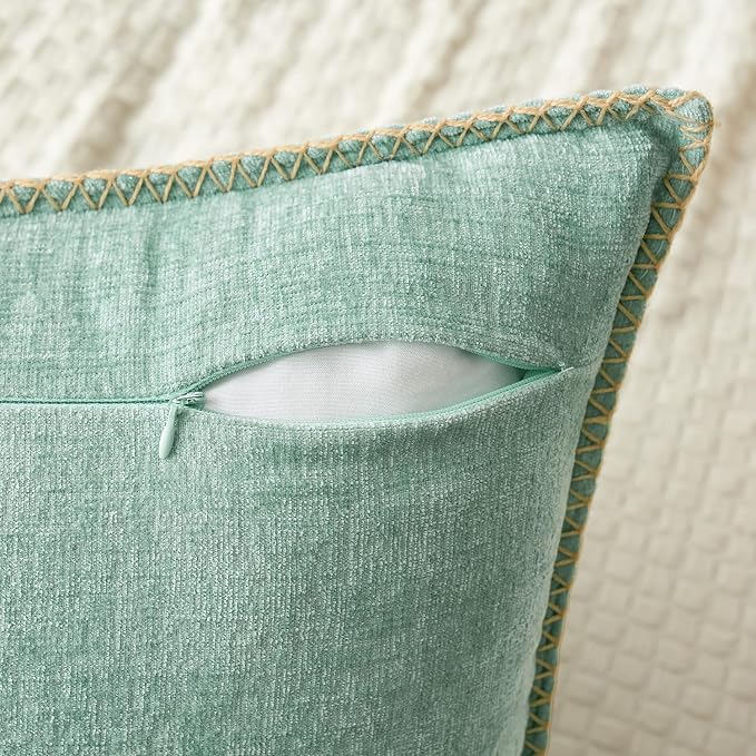 MIULEE Pack of 2 Lumbar Summer Throw Pillow Covers 12x20 Inch Aqua Green Farmhouse Decorative Pillow Covers with Stitched Edge Soft Chenille Solid Dyed Pillow Covers for Couch Sofa Bed Living Room