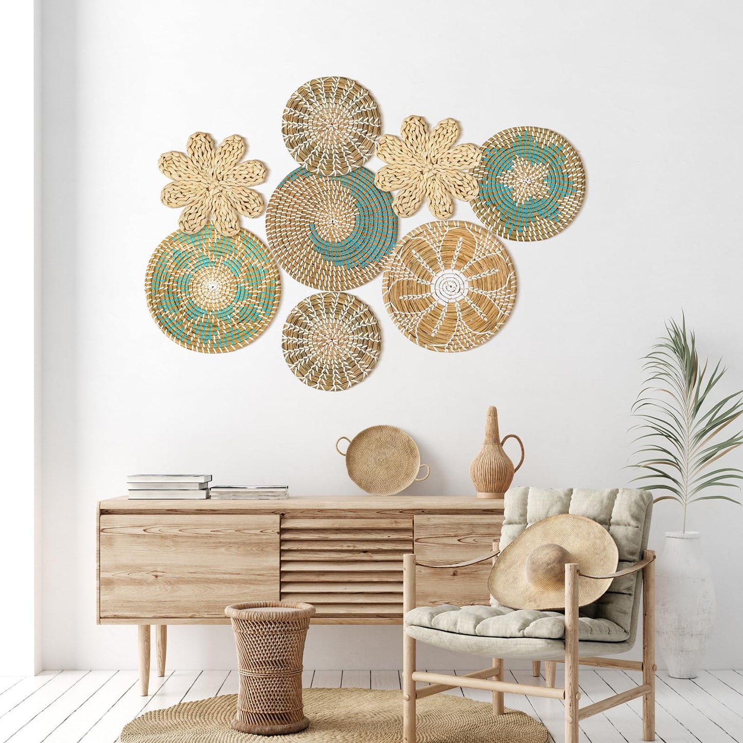 Xuhal 8 Pcs Boho Wall Basket Decor Decorative Bulrush Woven Basket Wall Decor Rustic Farmhouse Hanging Baskets for Kitchen Rustic Home Summer Decorations