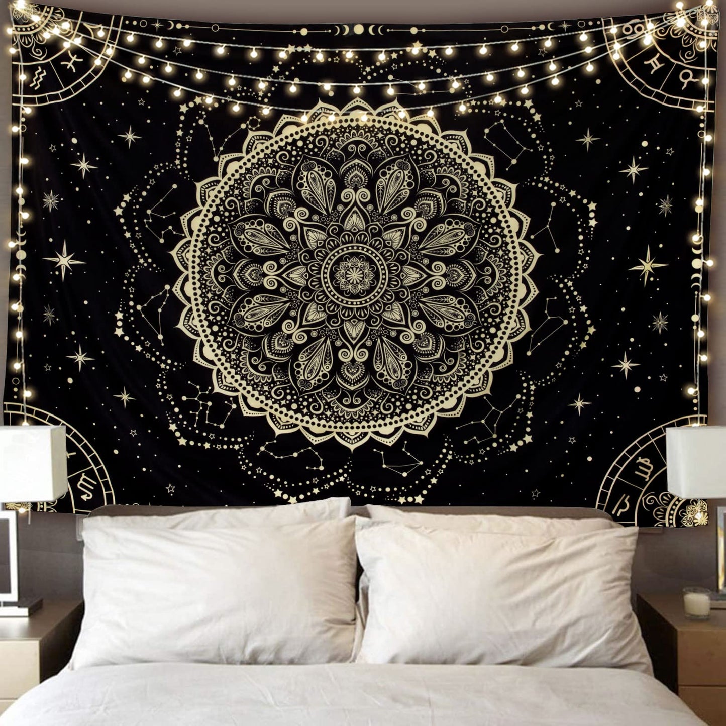 FLY SPRAY Black Golden Mandala Tapestry Astrology Space Wall Hanging Tapestries Wall tapestrys Large Aesthetic Hippie Decor Bohemian Art Boho Home Talestry for Bedroom,Living Room,Ceiling