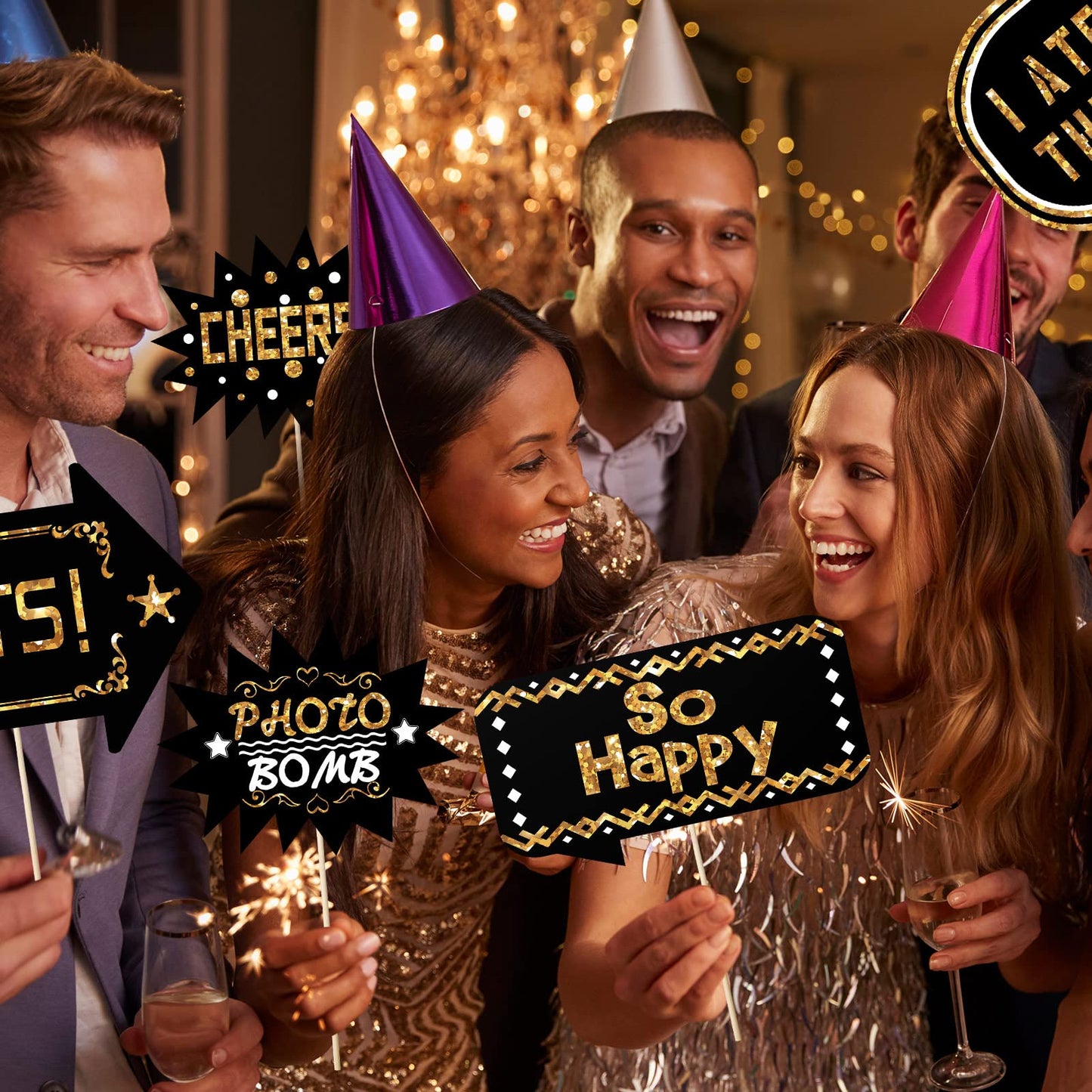 Outus 24 Pieces Photo Booth Props Birthday with Stick Happy Birthday Weddings Graduation Prom Bday Wedding New Year Party Supplies Funny Photo Booth Pose Signs Selfie for Men Women(White, Gold)