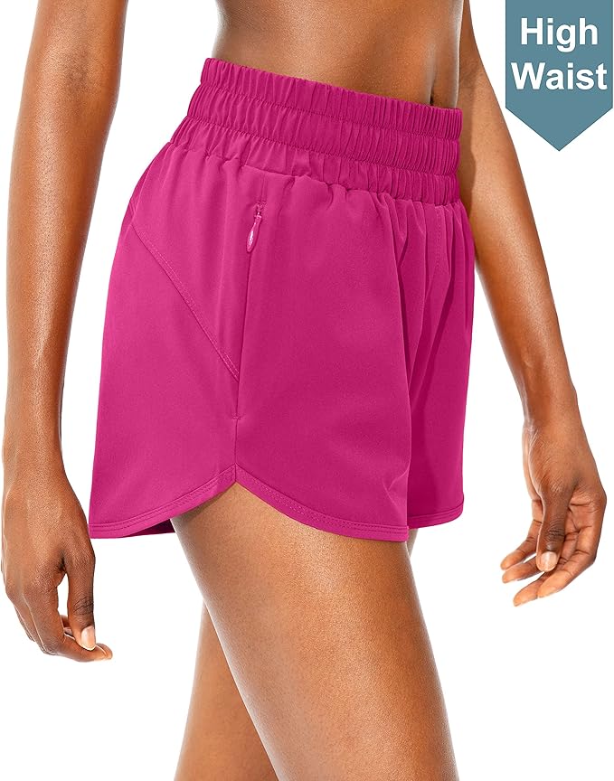 SANTINY Women's Running Shorts with Zip Pockets High Waisted Athletic Workout Gym Shorts for Women with Liner