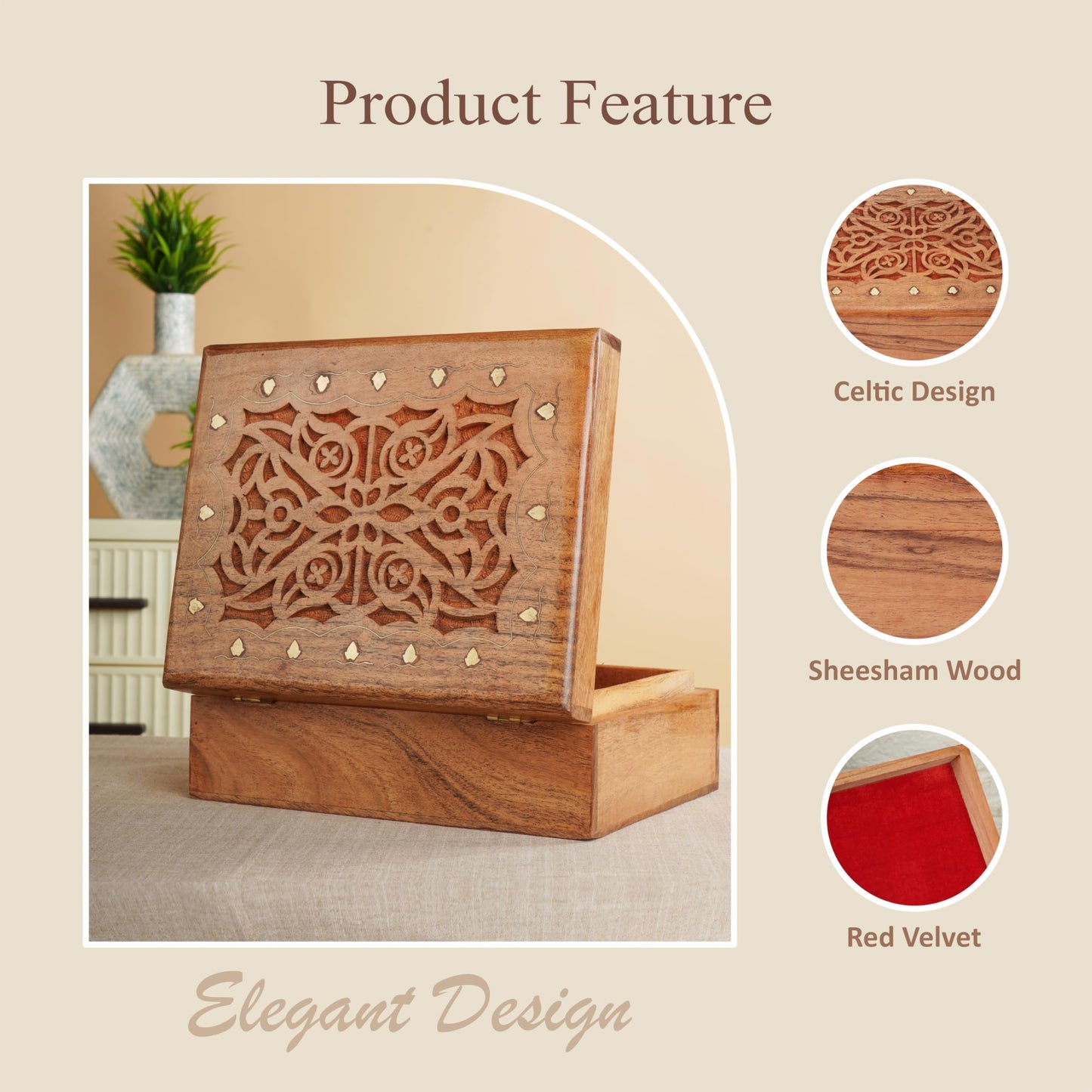 Ajuny Wooden Handcrafted Decorative Jewelry Storage Box Large Celtic Design Multipurpose Treasure Chest Organizer Travel Keepsake Trinket Holder Necklaces Watch Box Gifts 9x7 Inch