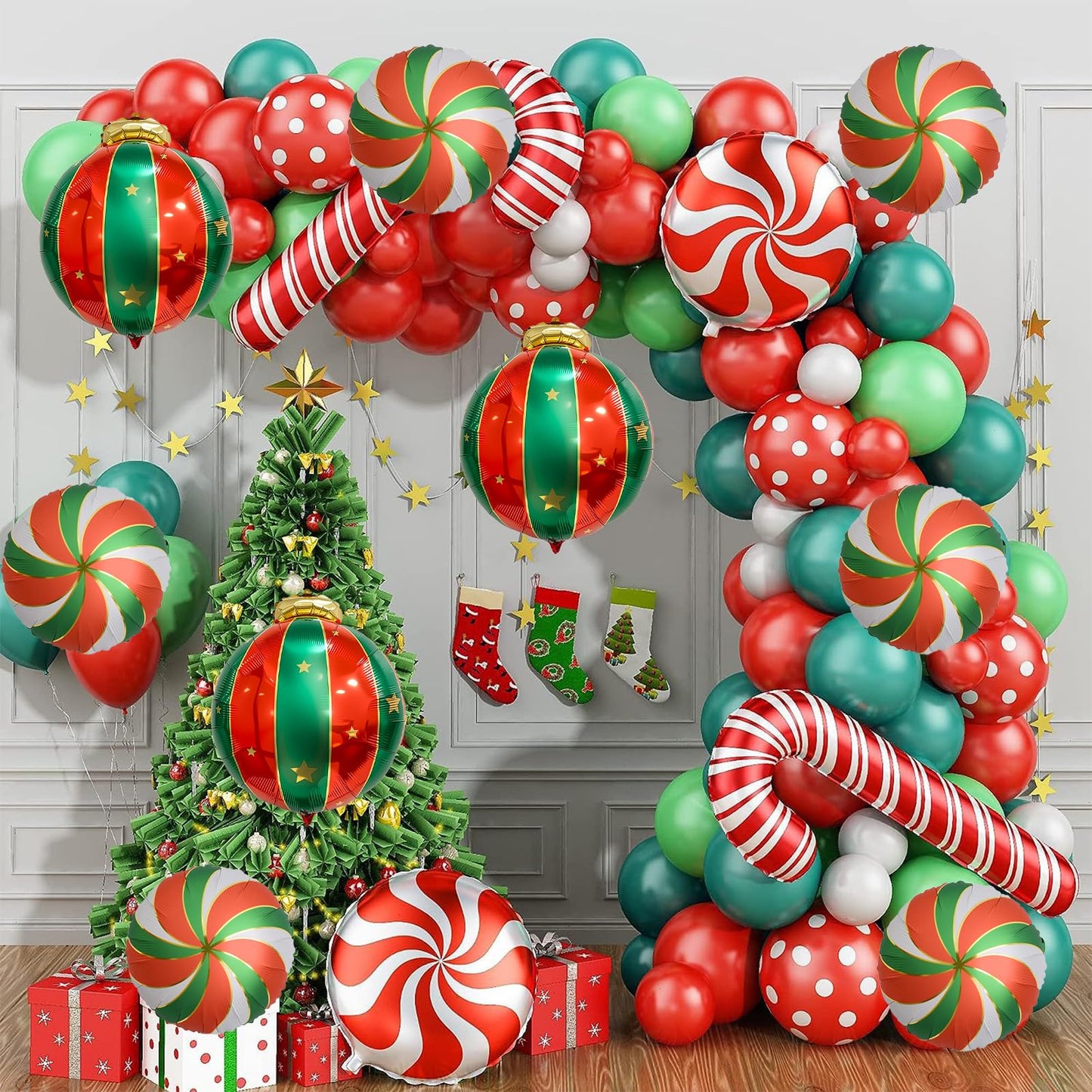 9PCS Christmas Balloon Decorations Set, Round Candy Lollipop Foil Balloon, Hanging Balls Balloons for Xmas Party, Holiday Home & Event Decoration