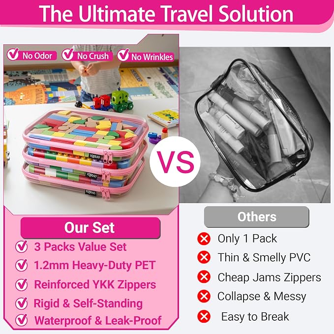 YQBRAO 3-Pack Large Clear Hard Shell Zipper Case, 1.2mm Ultra-Thick Rigid Toy & Closet Organizer, Heavy-Duty Diaper Bag Pouch Set with YKK Zippers, Waterproof Travel Storage (Pink)
