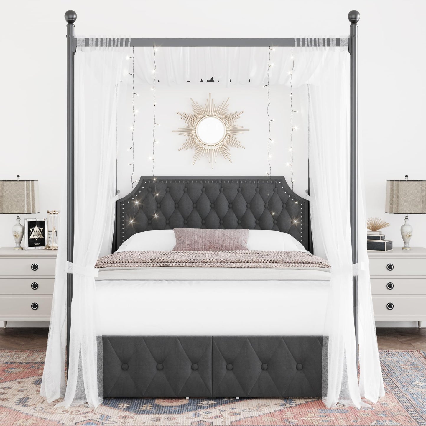 Keyluv Full Upholstered Canopy Bed Frame with 2 Storage Drawers & Button Tufted Headboard, Metal Platform Bed with 4 Removable Posts, Two-Purpose Velvet Bed, Dark Grey/Curtain Not Included