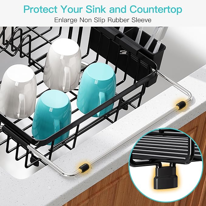 JASIWAY Black Expandable Stainless Steel Over The Sink Dish Drying Rack for Small Kitchen Counter Space Saving, Compact Plate Drainer Strainer, Adjustable Hanging Metal Dish Dryer with Utensil Holder