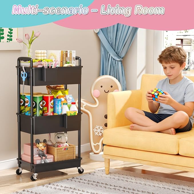 SUNALLY Baby Diaper Caddy Cart, 3 Tier Rolling Diaper Cart with Lockable Wheels for Nursery Essentials, Large Capacity & Easy Assemble Diaper Storage Organizer for Newborn,New Mom, Black