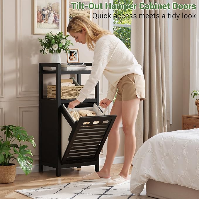 Homykic Tilt Out Laundry Hamper, 10 Gal Bamboo Laundry Storage Cabinet with Removable Basket, Hidden Hamper Organizer with Shelf for Dirty Clothes, Bathroom, Laundry Room, Space Saving, Black