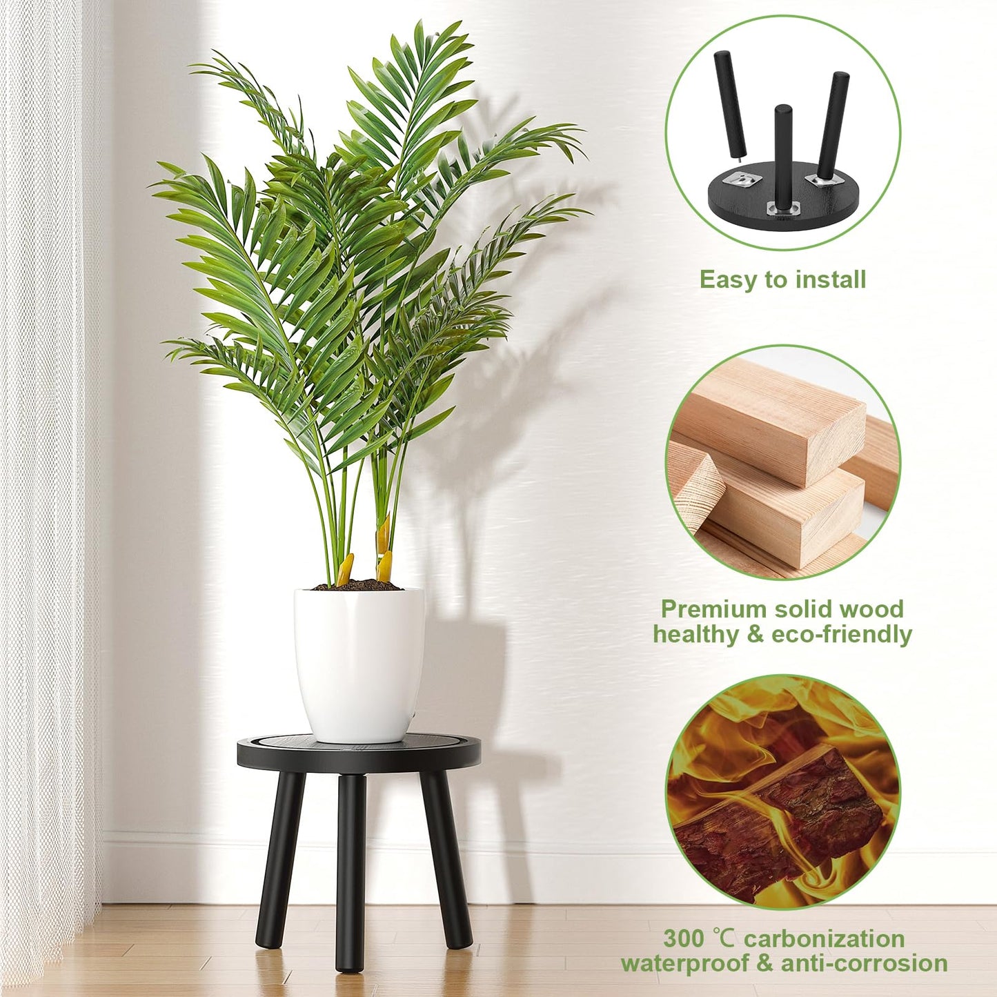 Vecxoty 3-Pack Wood Plant Stands Indoor, Single Plant Stand for 6-12 Inch Pots, Mid-Century Modern Plant Stool, Tall Plant Stand for Large Plants for Living Room, Balcony, Office (Black)