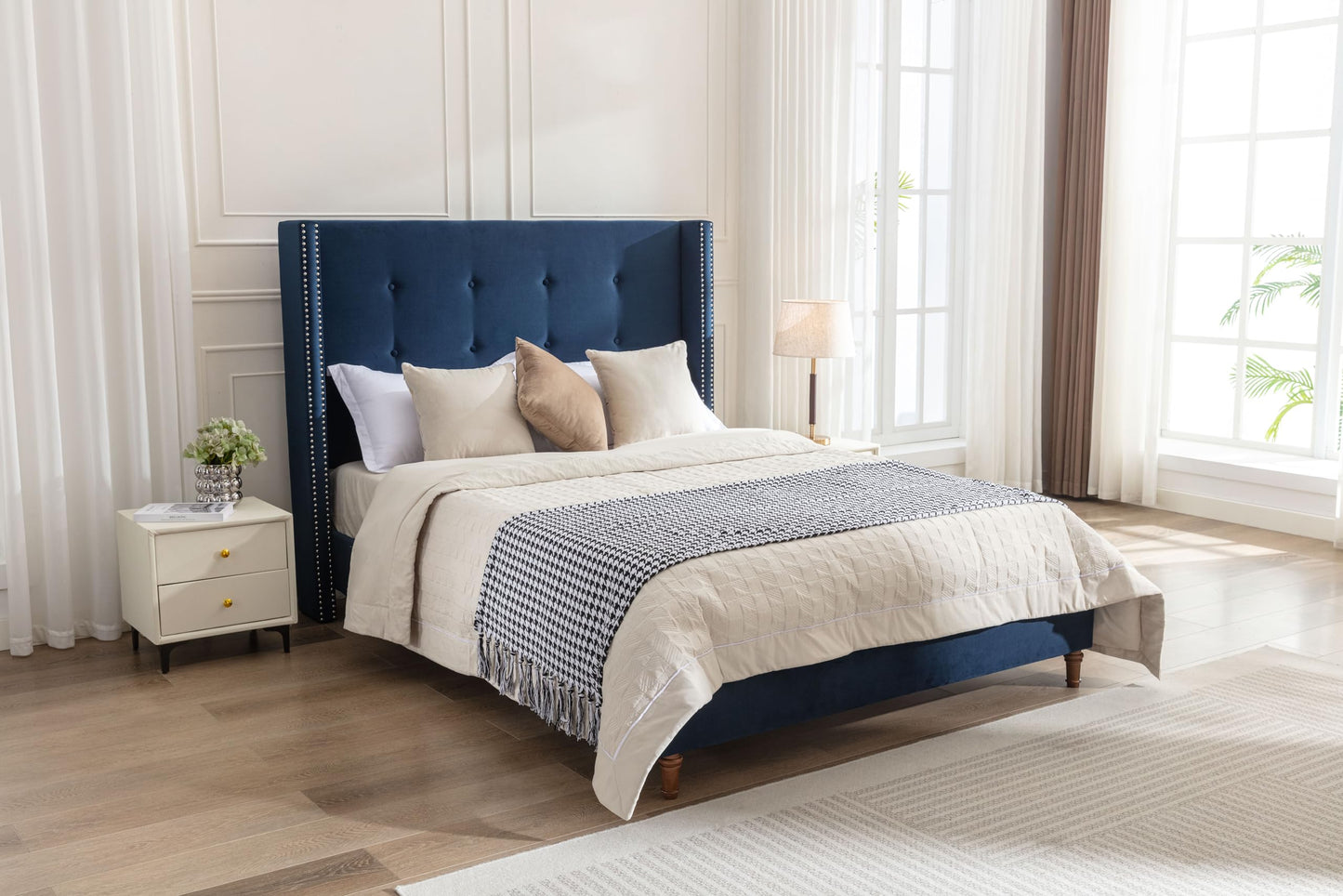 GDFStudio Tall Headboard Upholstered Bed,Queen Size Platform Bed Frame with Headboard Nailhead Trim Wingback,54" High No Box Spring Needed Easy Assembly Traditional Hand Buttoned Tufting Blue Velvet