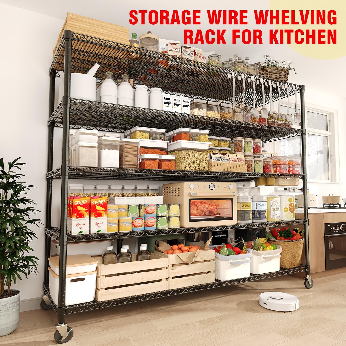GAOMON 59" W Storage Shelves 82.6" H Heavy Duty Garage Shelving Units with Wheels, 5-Tiers Wire Shelving Rack Metal Storage Shelves for Garage Pantry Kitchen Commercial Industrial, 3300LBS Capacity