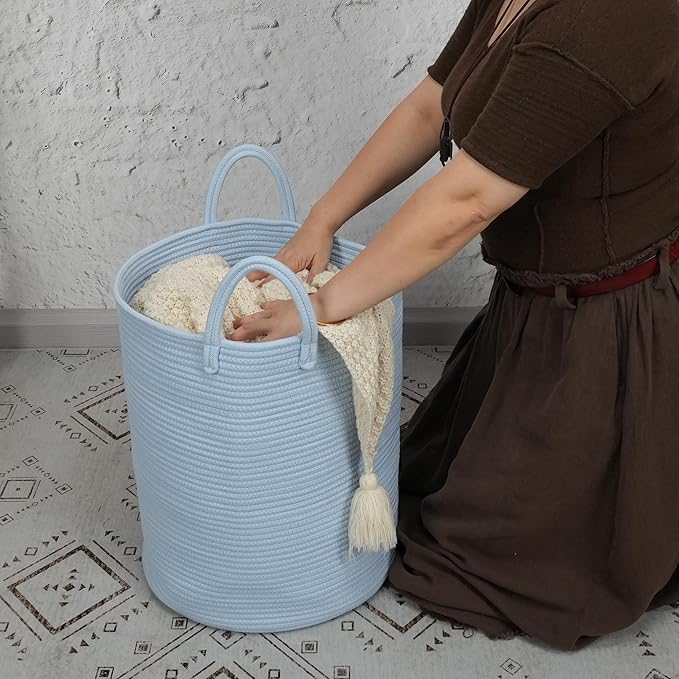 XUANGUO Cotton Rope Laundry Basket Hamper for Clothes Woven Storage Basket for Living Room Bedroom Boho Tall Rope Baskets for Blanket Toys Pillow Towels Baby Nursery Hamper Bin light blue