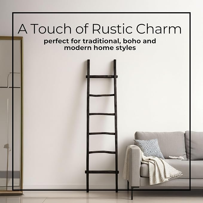 Decorative Vertical Ladder with Towel Rack Design for Blankets - Slim Storage Stand with Hooks for Bedroom or Living Room - Classic Textile Display Accent for Home Decor Ladder - 76", Black