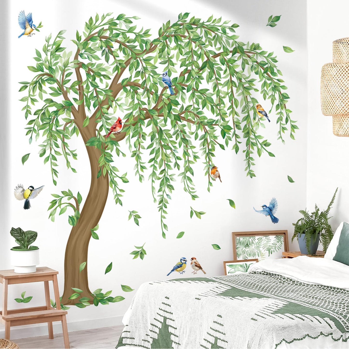 decalmile Large Green Tree Wall Stickers Hanging Vine Falling Leaves Birds Wall Decals Living Room Bedroom Office Wall Decor Home Decor