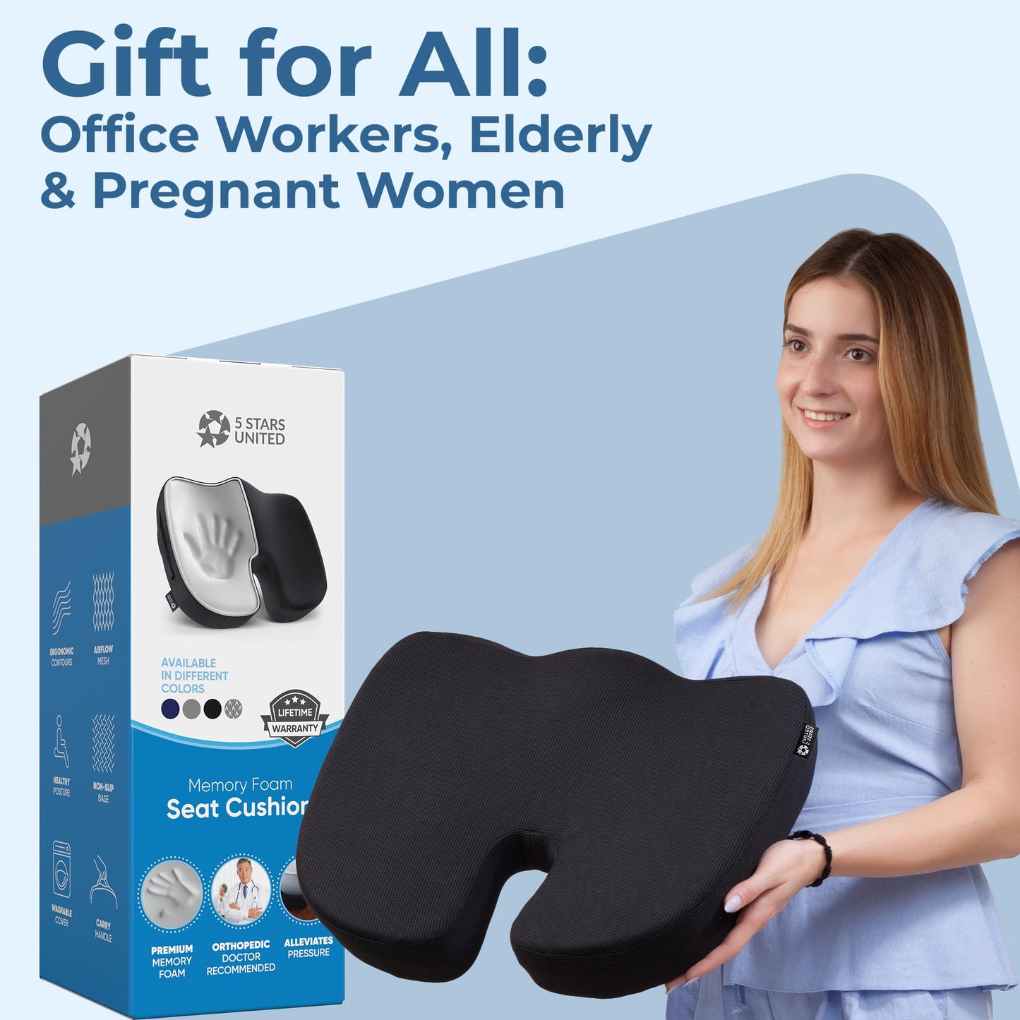 5 STARS UNITED Seat Cushion - Memory Foam Chair Cushion for Tailbone Pain Relief - Ergonomic Support for Coccyx, Sciatica & Butt - Office, Desk & Gaming Chair, Car Seat, Wheelchair, Airplane, Black
