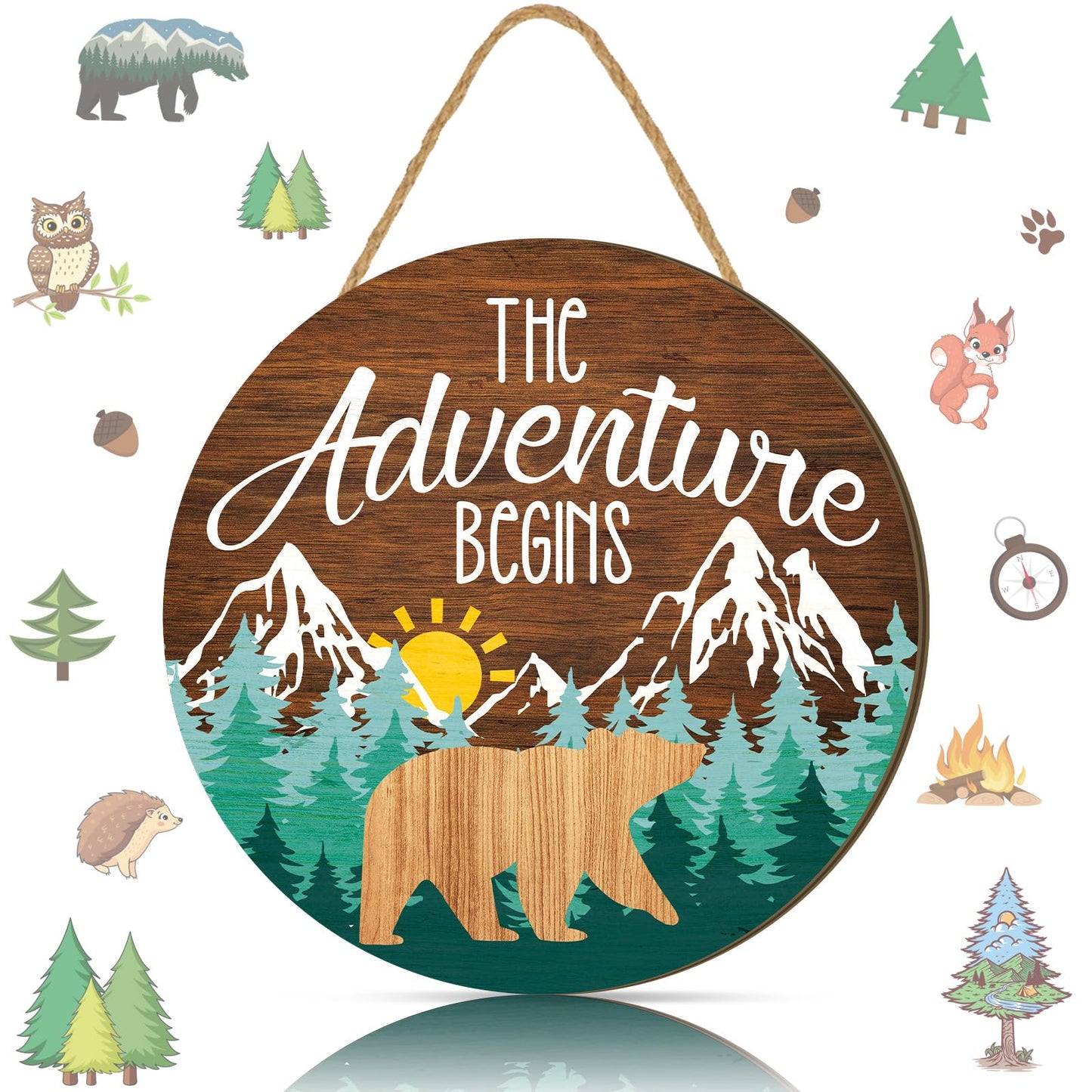 Chunful The Adventure Begins Wooden Hanging Sign, 12 x 12'' Woodland Nursery Decor, Green Trees Brown Background Inspirational Quotes Wooden Plank Sign for Home Cabin, Forest Camping Sign