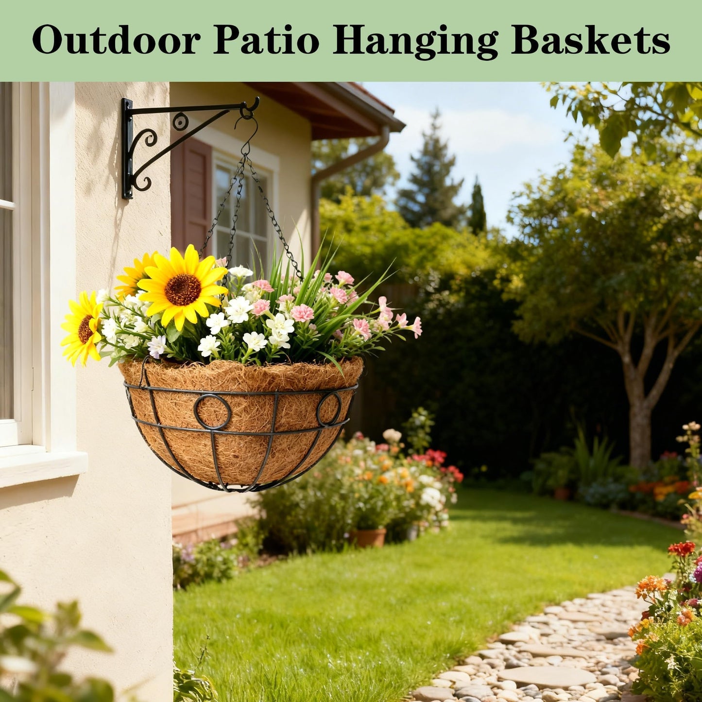 ZVOWOS 4 Pack 14 Inch Black Metal Hanging Planter Baskets with Coco Coir Liner Sturdy Hanging Flower Basket for Outdoor Indoor Garden Porch Patio Balcony Decor (Round)