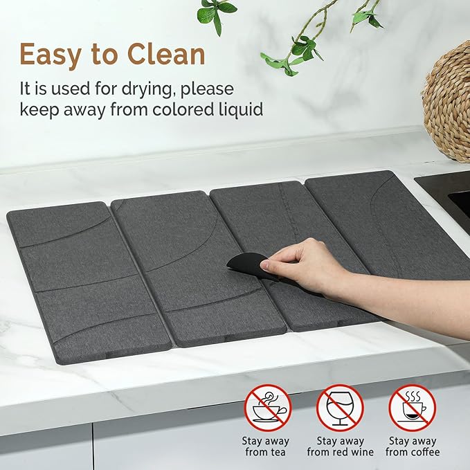 Large Stone Dish Drying Mat for Kitchen Counter, 2 PCS Quick Dry Stone Mats, Foldable Water Absorbing Diatomaceous Earth Drying Dishes Pad for Countertop Bottle Utensil Cup(Carved Gray 24"x16"&8"x4")