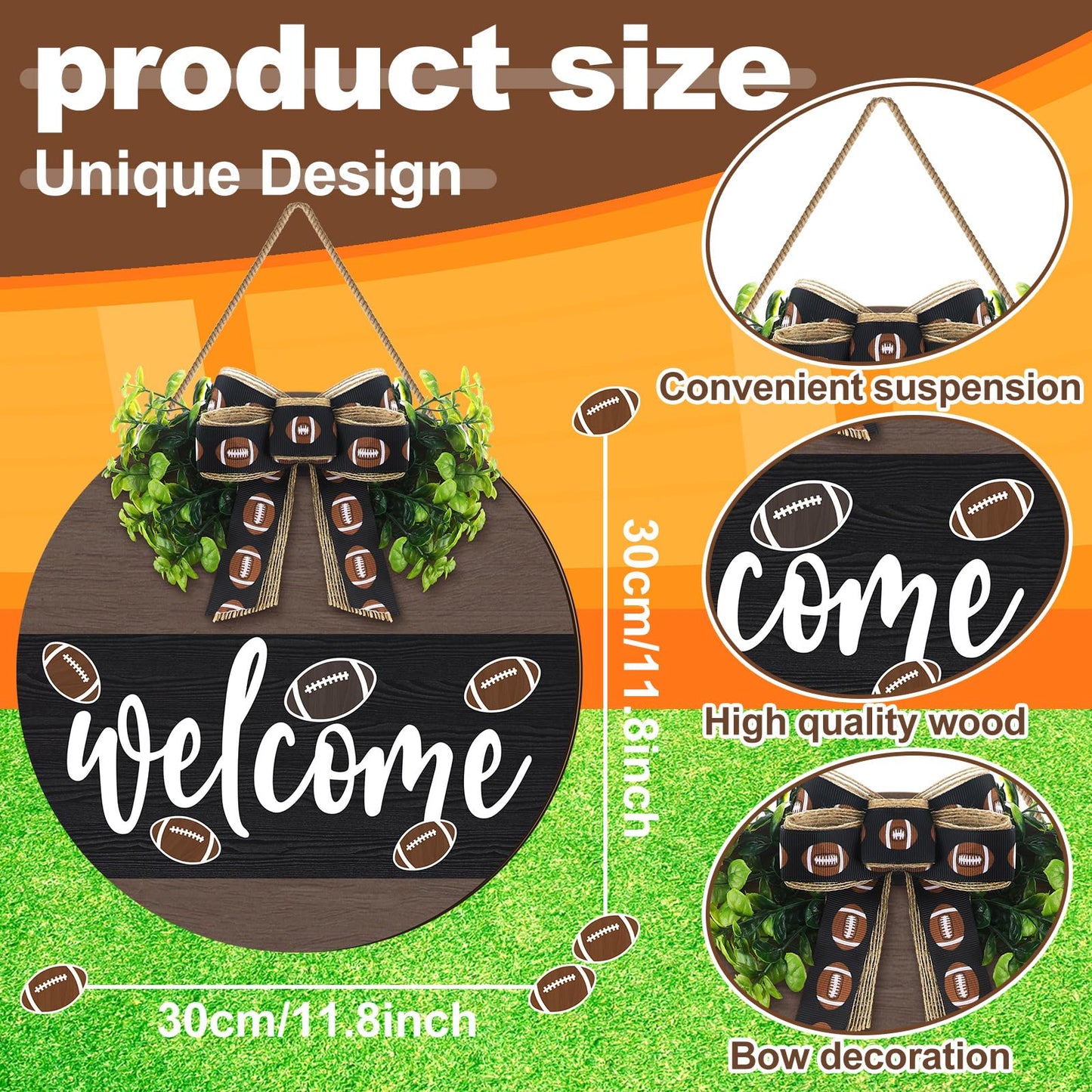 Moucuny Football Wreath for Front Door Football Wooden Welcome Hanging Sign Wreaths with Bow Farmhouse Wall Decoration for Home Front Porch Decor