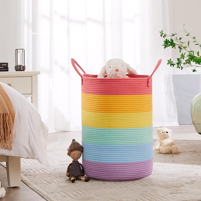 80L Extra Large Rainbow Laundry Hamper Basket for Girls Kids Tall Unicorn Baby Nursery Hamper for Clothes Woven Rope Blanket Toy Basket in Living Room Playroom Bedroom 16"D x 22"H