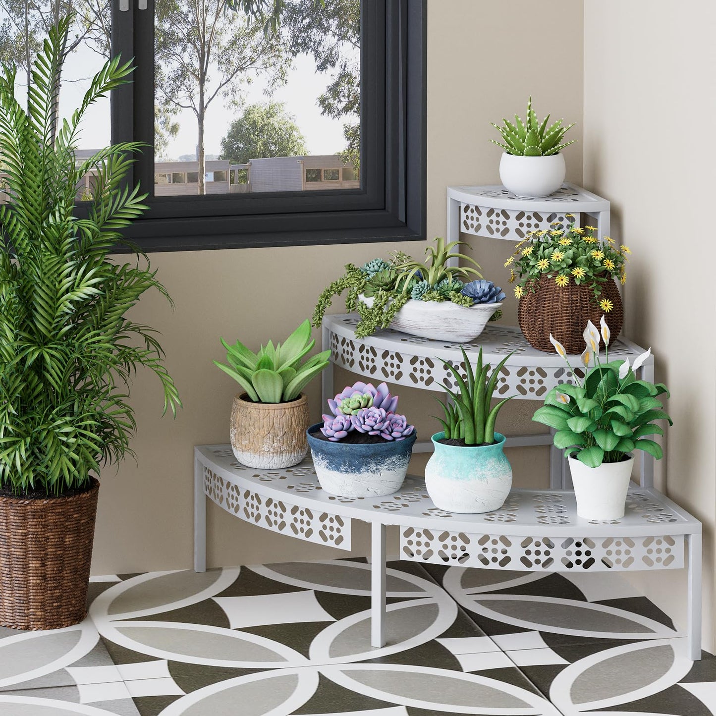 3 Tier Plant Stand Semi-Circular Flower Pot Organizer Rack Quarter Round Plant Display Holder Outdoor Storage Shelves Metal Corner Shelf Planter Shelving Ladder Plant Stand for Indoor Use(White)