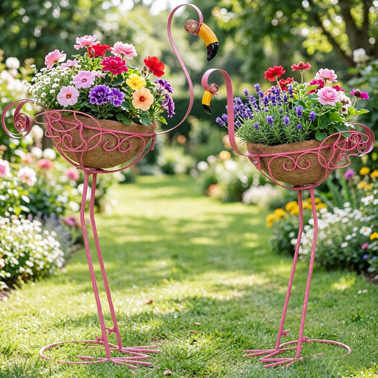 Derynome Pink Flamingo Garden Planters, Set of 2 Metal Flamingo Outdoor Planters with Basket, Flamingos Decorations for Indoor Outdoor Garden Decor