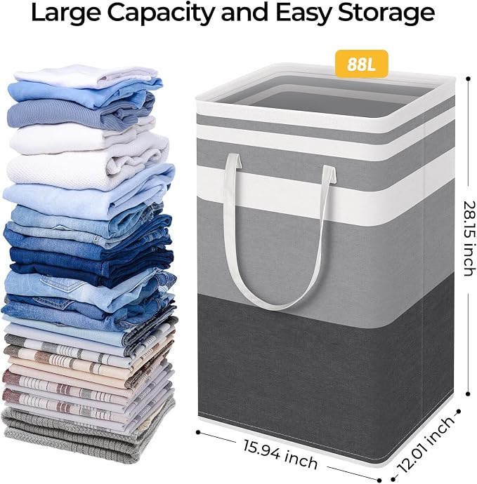 HomeHacks 4-Pack Large Laundry Basket, Waterproof, Freestanding Laundry Hamper, Collapsible Tall Clothes Hamper with Extended Handles for Clothes in the Dorm and Family-(Gradient Grey, 88L)