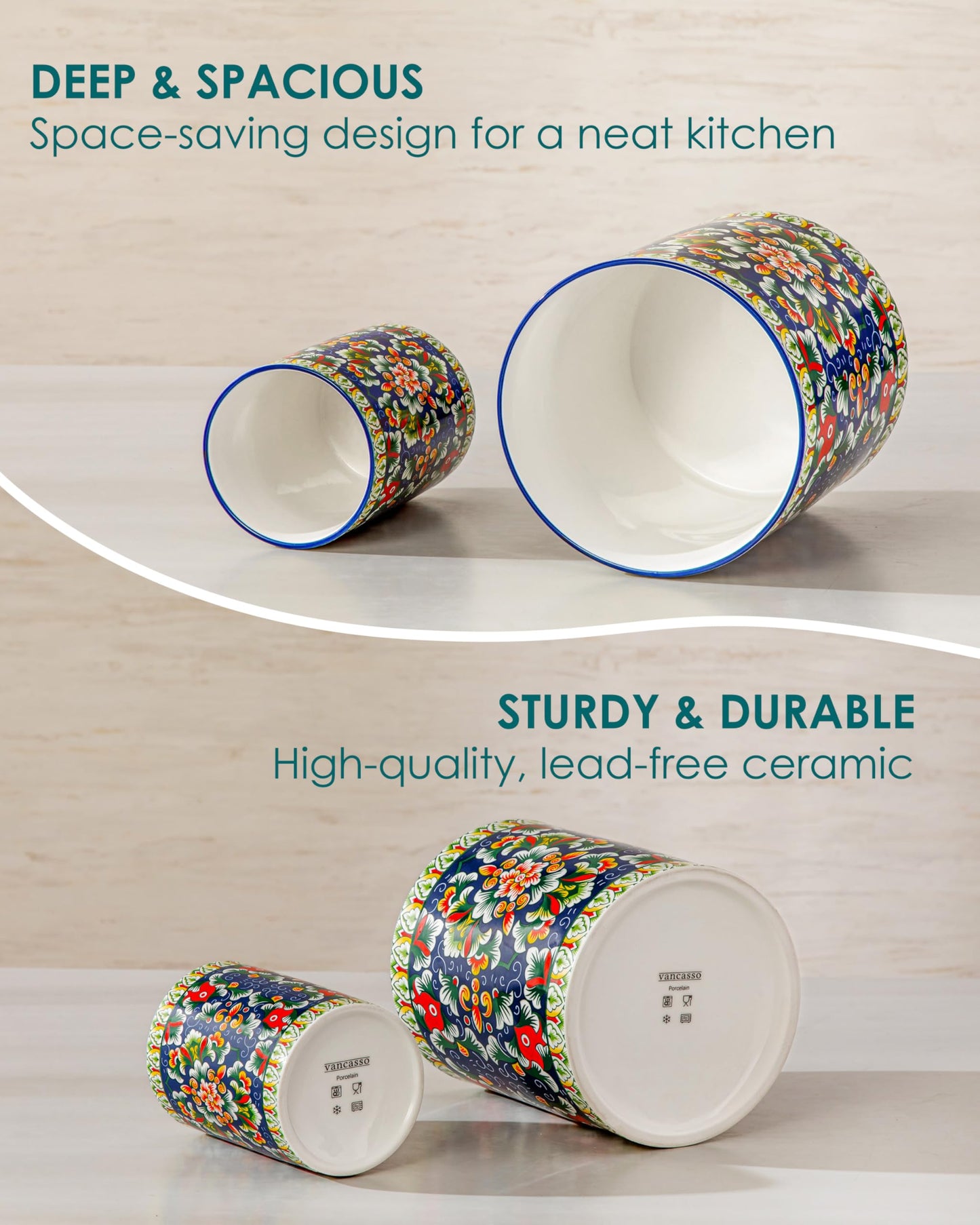 vancasso SIMI Utensil Holder, 7.3"+5.5" Porcelain Kitchen Utensil Holder for Countertop, Bohemian Kitchen Utensil Organizer for Spatulas, Spoons, Decorative Counter Utensil Crock, Verdant Jewel