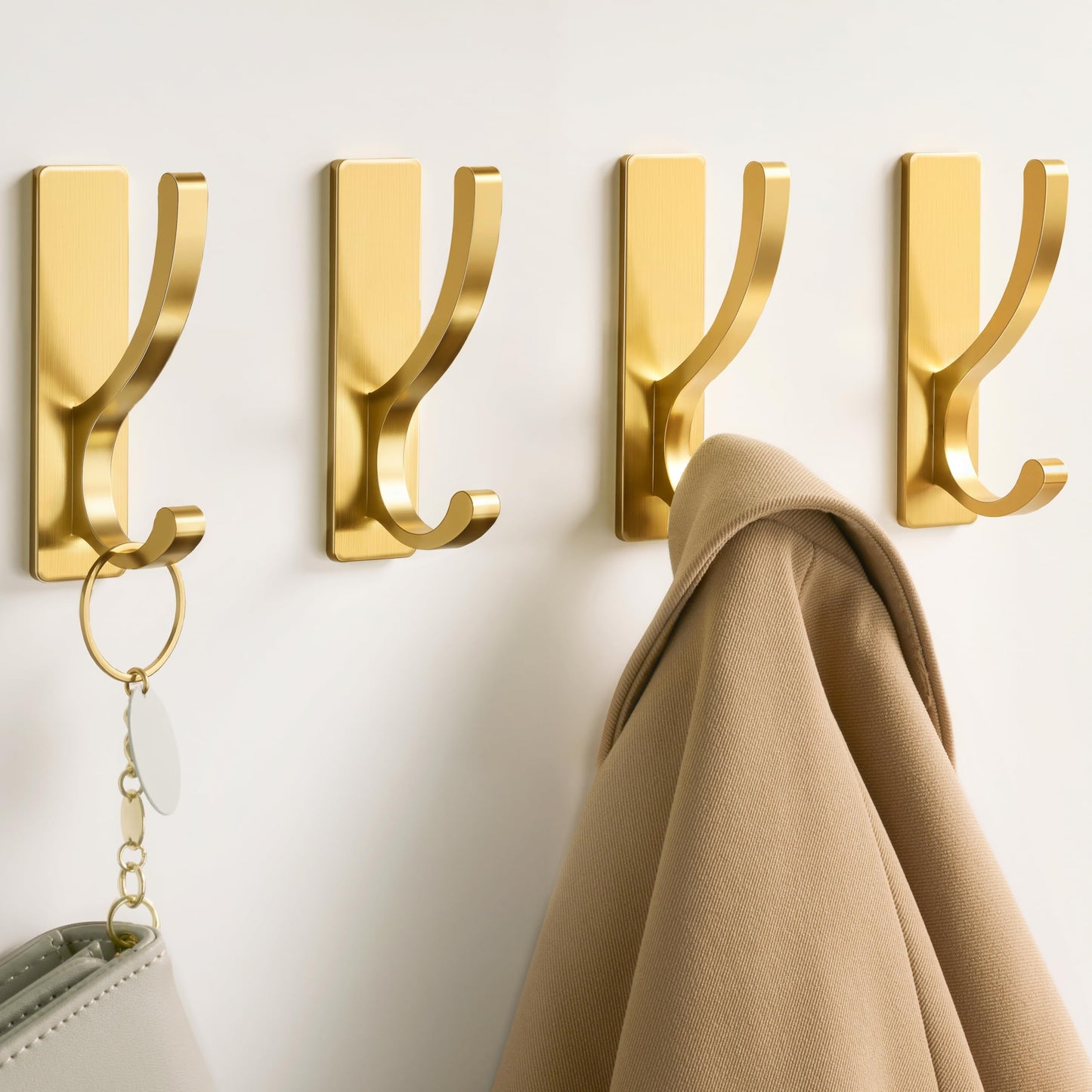 pickpiff Adhesive Wall Hooks for Towels - Sticky Hook Hanging Heavy Duty (13lb), Hanger for Door, Bathroom, Dorm, Closet - for Coats, Purse, Bag, Robe - No Damage to Wall - Gold 4 Pack