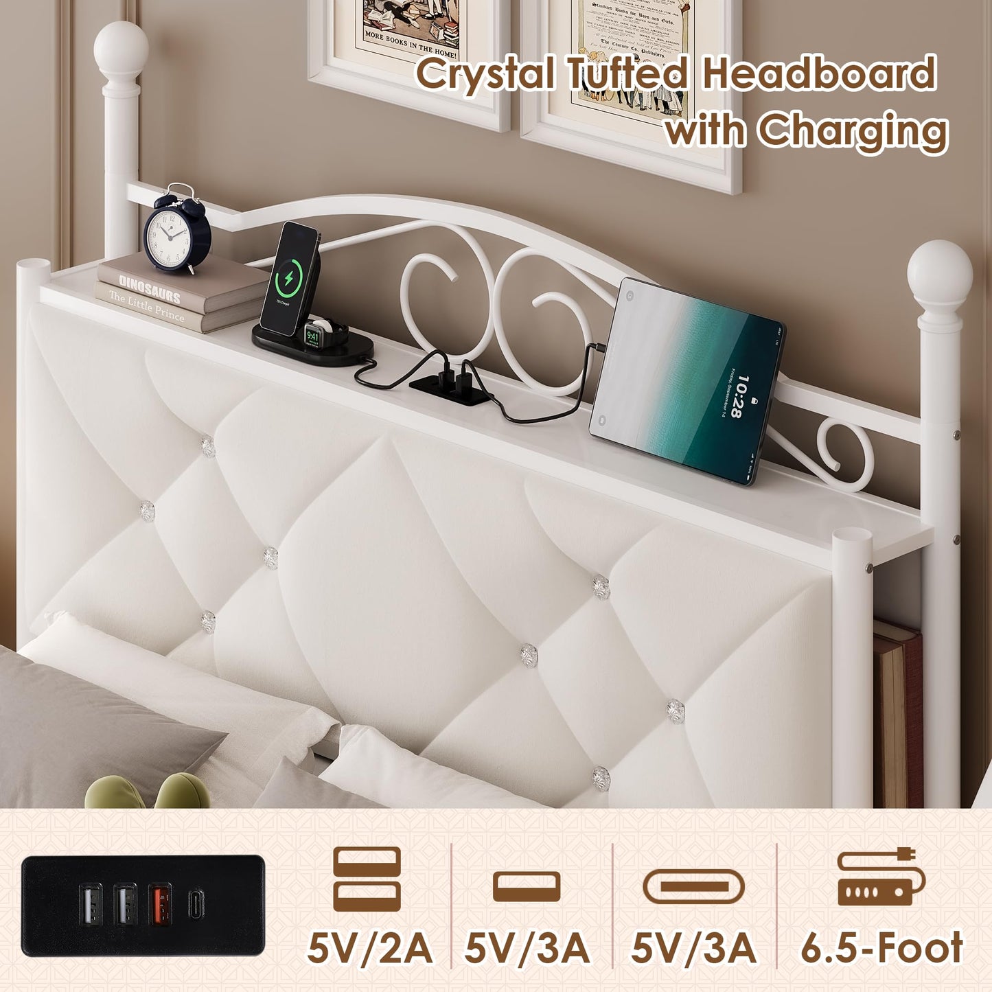 Full Upholstered Canopy Bed Frame with 2 Drawers & Crystal Tufted Storage Headboard Metal Platform Bed with Charging Station & 4 Removable Posts No Box Spring Needed Curtain Not Included, Beige