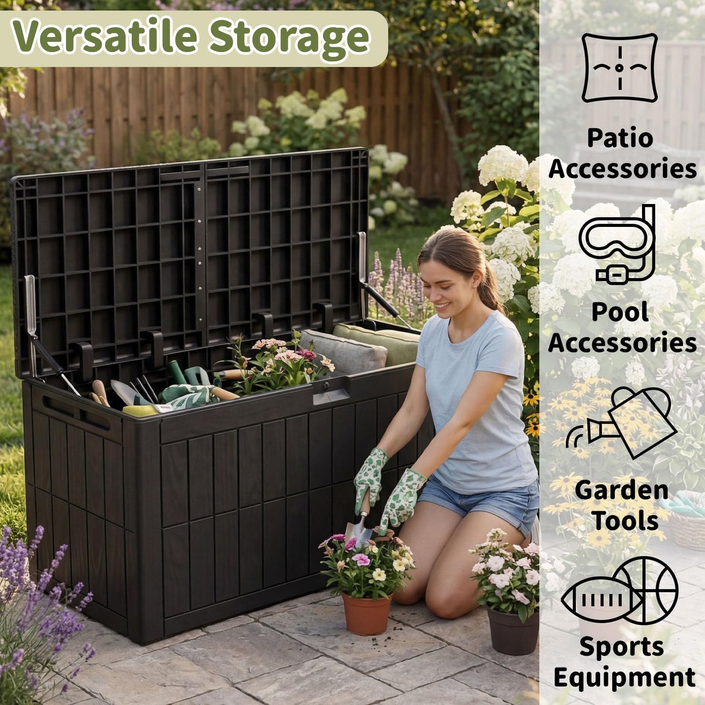 ZOMEYLPO 100 Gallon Outdoor Storage Box, Waterproof Lockable Resin Deck Box with Seat, Patio Furniture Cushion Storage, Garden Tool Organizer & Pool Toy Box, Black